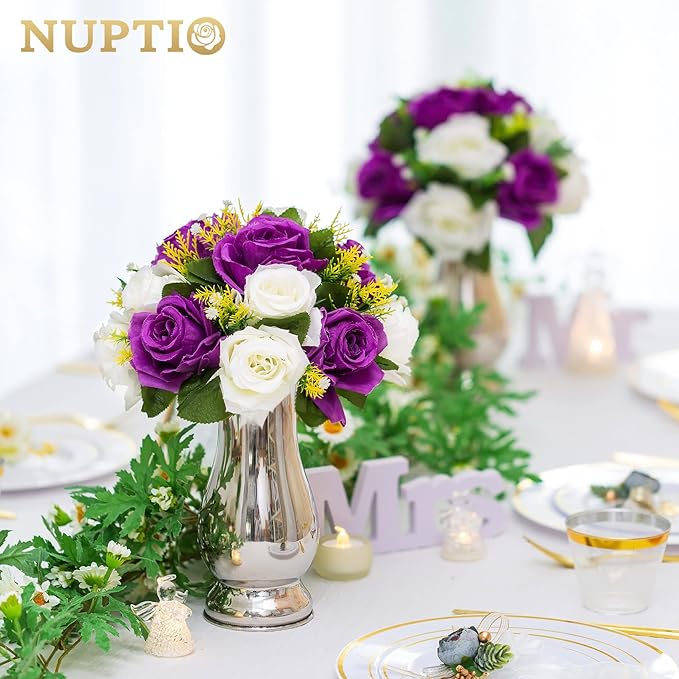 NUPTIO Flower Centerpieces for Wedding Tables: Purple & White Artificial Flower Ball Arrangement for Christmas Thanksgiving Party - 2 Pcs Fake Floral Rose for Bridal Shower Decor