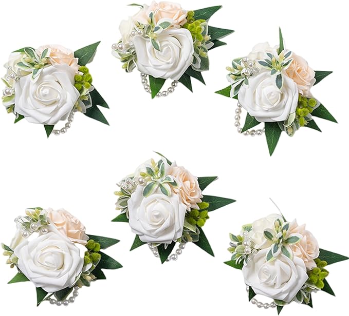 Meldel White Wrist Corsage, Set of 6, Homecoming Wrist Flower Girl/Mother Corsages Wristlet Décor Perfect for Bride Bridesmaids Wedding Guests Hand Flower, Proms, Party, Ceremony Anniversary