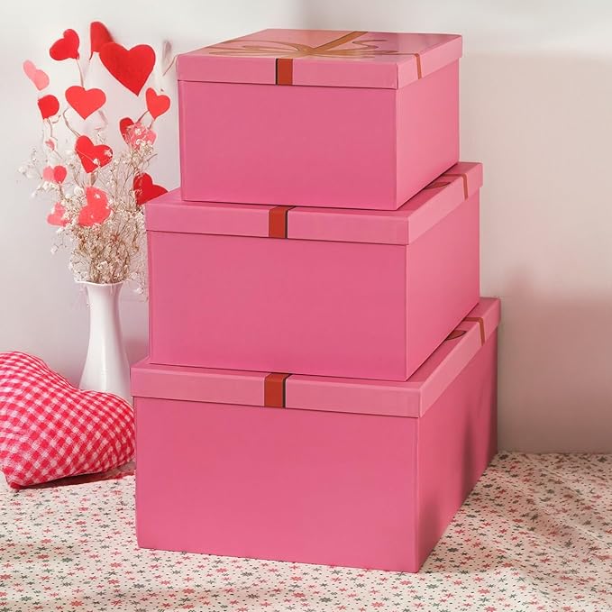 Soul & Lane Pink Valentine's Day Gift Boxes for Presents, Set of 3 Blush Sparkle Cardboard Storage, Large Decorative Keepsake Boxes with Lids for Gifts, Clothing, Decoration