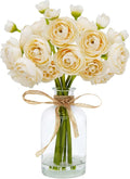 Ranunculus Artificial Flowers with Vase, 8 Pcs Faux Silk Ranunculus Flower in Vase, Small Flower Arrangements for Home Decor Indoor, Table Centerpiece. (Champagne)