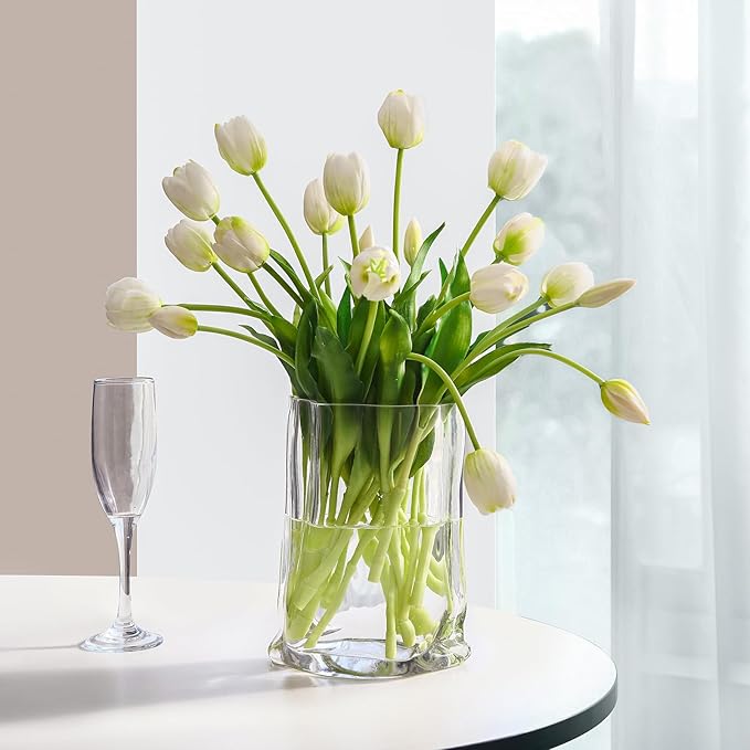 Artificial Flowers 20pcs Fake Tulips Real Touch, Faux Latex Tulips Flowers with Gift Box Soft Faux Tulips Bouquets Arrangements for Party Wedding Home Room Decoration(White)