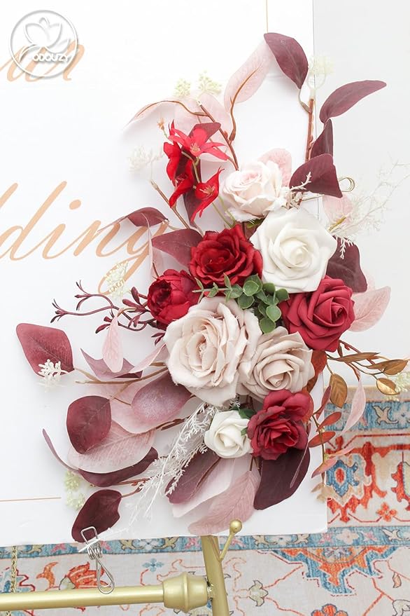Pack of 2 Wedding Arch Decorations Artificial Hanging Flowers Floral Swag for Wedding Welcome Sign Backdrop Balloon Arch Home Party Bridal Ceremony Reusable(Red)