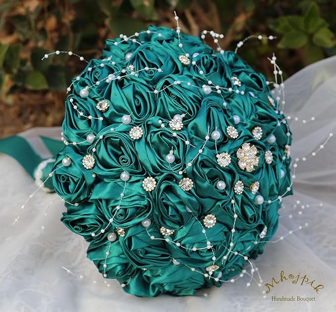 Bridal Wedding Bouquet Round Bling Brooch Bouquet Throw Toss Artificial Rose Flower Bunch for Bride Bridesmaid Wedding Quinceanera(Dark Green, 8.7")
