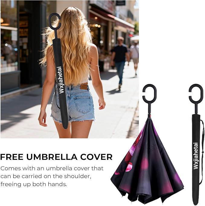 Inverted Umbrella, 49 Inch Double-Layer Vented Reverse Umbrella, Windproof Waterproof UV Protection, Lightweight C-Handle, Fiberglass Ribs, Steel Shaft, Travel/Commute/Car Use, With Sleeve