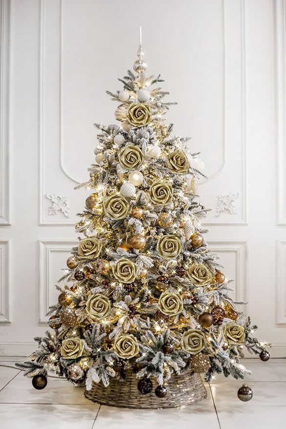 Gold Glitter Roses 30pcs Gold Roses 2.56" Glitter Flowers Artificial Roses with Stems for Centerpieces Wall Decorations Wedding Ceremony Bridal Shower Table Floral Arrangement (Gold)