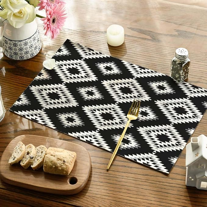 White Gray Black Placemats Set of 4 Turkish Mosaic Oriental Dining Place Mats Linen Table Mat for Farmhouse Home Kitchen Decor 12 X 18 Inch