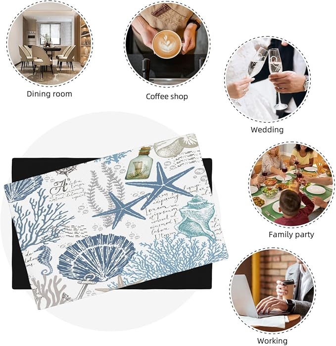 Nautical Placemats Set of 4,Summer Starfish Beach Theme Ocean Seashell,Blue Coastal Linen Fabric Table Mats for Home Kitchen Dining Party Decor 6 PCS