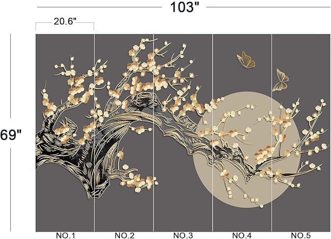 Golden Branches Butterflies Moon Wall Mural Wallpaper for Bedroom 103" x 69"