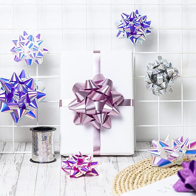 WRAPAHOLIC 14 Pcs Gift Bows Assortment - 12 Multi Colored Assorted Size Gift Bows (Purple, Pink, White, Rose Gold, Silver) and 2 Crimped Curling Ribbons, Perfect for Christmas, Holiday, Party