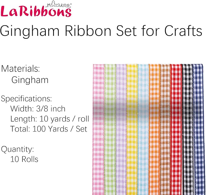 LaRibbons 10 Color 100 Yards Gingham Ribbon Variety Pack, 3/8" X 10 Yards/Roll Assorted Spring Easter Plaid Ribbon for Crafts, Gift Wrapping, Hair Bows, Birthday, Babyshower Decoration