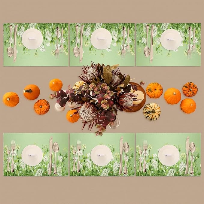 PVC Placemats Set of 4 Sage Green Flower Wipeable Table Mats Washable Heat Resistant Non Slip Vinyl Dining Table Mat for Kithen Indoor Outdoor Patio Farmhouse Place Mats Decorative
