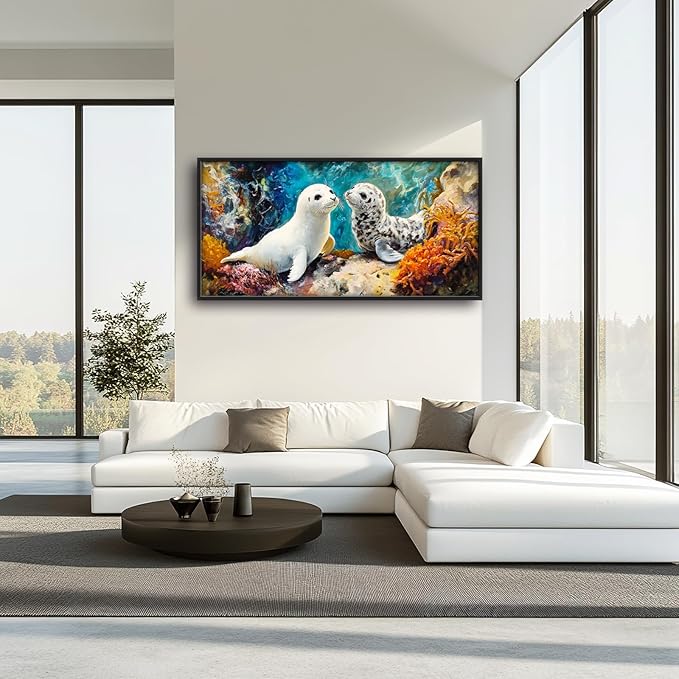 Extra Large Seal Framed Wall Art for Living Room,Oversized Underwater Animal Pictures Wall Decor,Ocean Coral Reef Canvas Print Painting Modern Artwork Bedroom Office Bathroom 60L x 30W