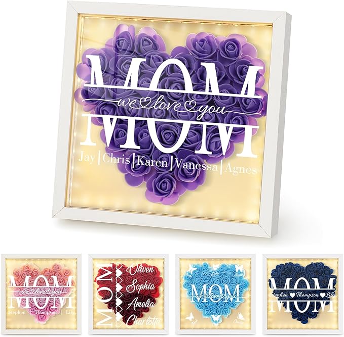 Mom We Love You - Personalized Flower Shadow Box with Names, Christmas Mothers Day Flower Box Gifts for Mom (Style 3-Box with Led)