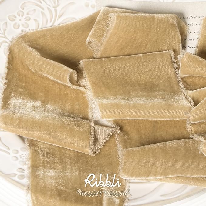 Ribbli Light Champagne Velvet Ribbon 3 Inch Handmade Frayed Vintage Christmas Ribbon for Gift Wrapping Christmas Tree Ornament Wreath Craft Home Decor-3 Yards