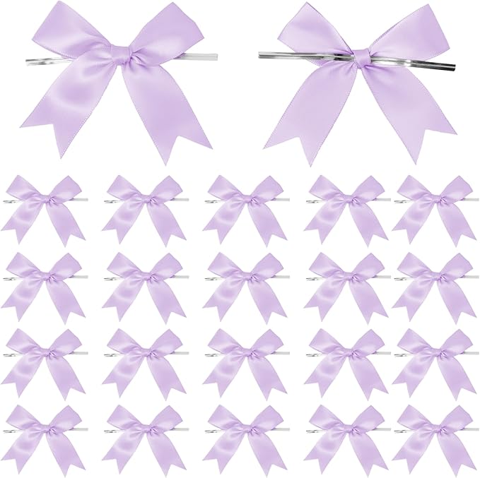 50 Counts Lilac Twist Tie Bows 3.1" Pre-Tied Satin Ribbon Bow Decor Mini Twist Tie Bows for Gift Wrapping Treat Bags Cake Bridal Baby Shower Birthday Party Favors Wedding Decorations