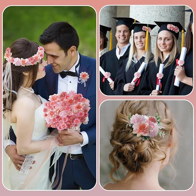 210Pcs Mini Fake Flower Heads Pink Small Silk Faux Flower Heads Artificial Rose Daisy Multicolor Flowers Bulk for Cake Crafts DIY Graduation Cap Wedding Hair Dresses Wreath Party Home Decor