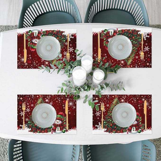 Xmas Christmas Tree Snowman Red Placemats Set of 1 PVC Vinyl Non Slip Table Mats Heat Resistant Place Mats Washable Wipeable Dining Table Mat for Kitchen Decor Party Indoor Outdoor Decorative Gift