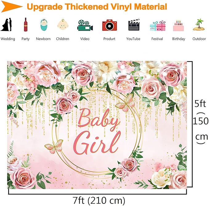 InMemory Pink Rose Baby Girl Baby Shower Backdrop Banner Decorations for Girl,Pink Floral It's a Girl Banner Photography Background for Sweet Girls Baby Shower Party Supplies Photo Booth Props 7x5ft