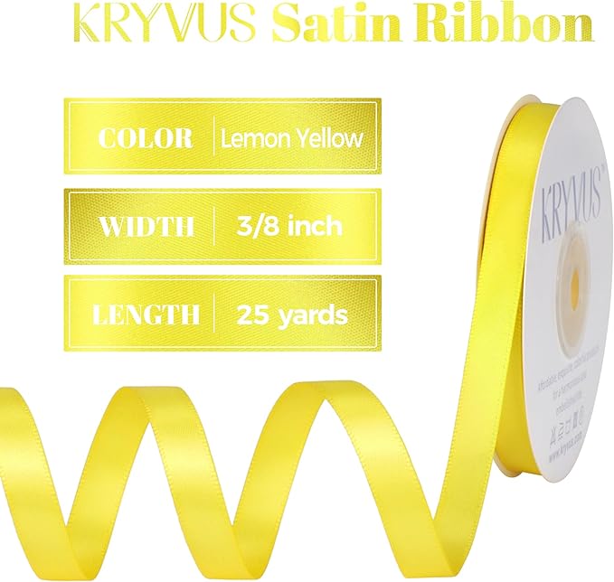 Lemon Yellow Satin Ribbon, Double Faced 3/8 Inch X 25 Yards Lemon Yellow Ribbon, Premium Satin Ribbon for Gift Wrapping, Crafts, Hair Bow Making, Sewing, Flower Bouquet, Wedding Party Decor