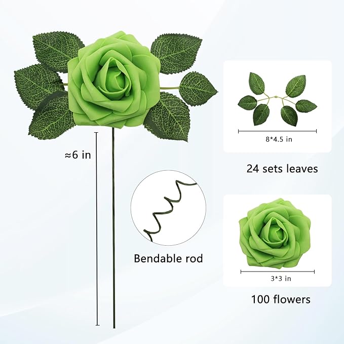 JOYLEX Green Artificial Flowers Realistic Roses, Real Looking Fake Roses with Stem for DIY Wedding Bouquets Centerpieces Bridal Shower Party Home Romantic Decorations (Green, 100pcs)