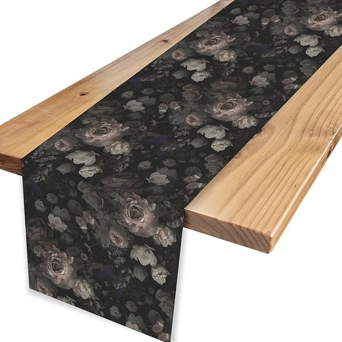 Gothic Floral Table Runner, Black Pink Rose Boho Vintage Art Print Linen Table Center Decor Family Kitchen Outdoor Farmhouse Holiday Party Table Decorations 13x108 inch