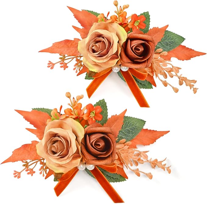 Serwalin Set of 2 Boutonniere for Men, 6-7 Inch Corsage Groom and Best Man Boutonnieres for Wedding Prom Ceremony Anniversary Party Cake Topper (Orange)