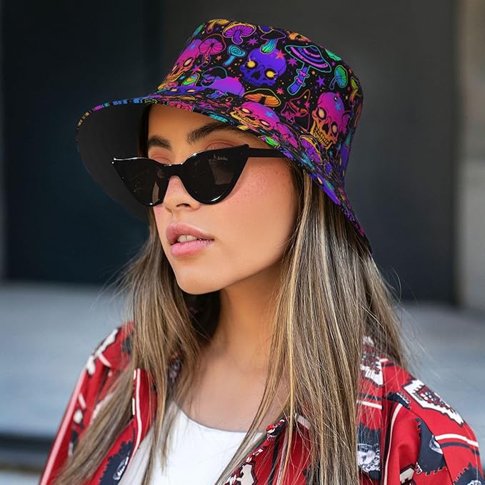 Mushrooms Skulls Cool Bucket Hat Beach Sun Hat Beach Fishing Hat for Men Women