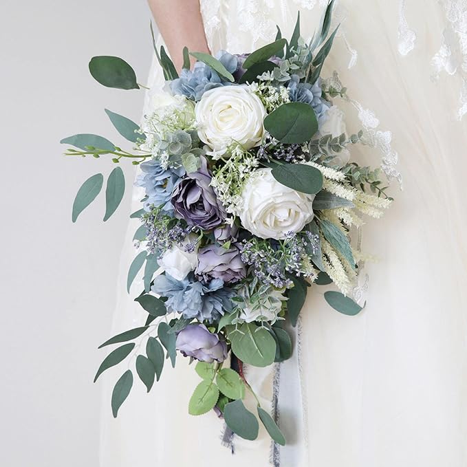Bridal Bouquets for Bride, Haze Blue Wedding Bouquets for Bride Artificial Roses Flowers Waterfall Bridal Bouquet Cascading Wedding Bouquet for Wedding Party Bridal Shower Decoration