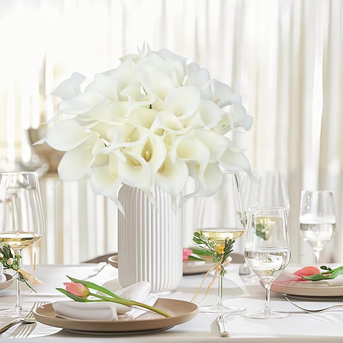 24 Pcs White Artificial Calla Lily Flower White Fake Silk Flowers Real Touch for Wedding Bouquet Office Home Kitchen Decor