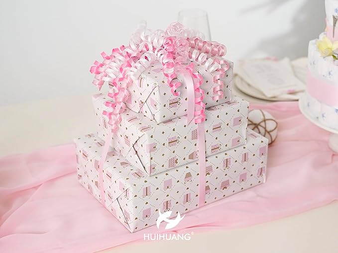 HUIHUANG Bows for Gift Wrapping Pink/White/Hot Pink Curly Bows with Self Adhesive & Twist Tie, 7 inch Pink Gift Bow for Presents, Gift Basket, Baby Shower, Christmas Decor, Party Favors- 6 Counts