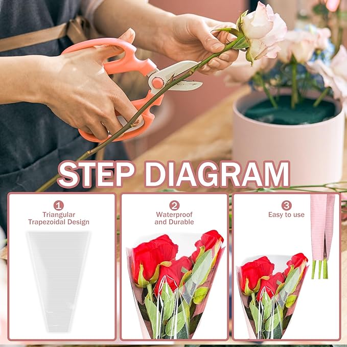 XABMU Pink Flower Bouquet Bags - 50 Pack Pink & Clear Floral Wrapping Sleeves for Wedding, Graduation, Mother’s Day Gifting & Florist Supplies