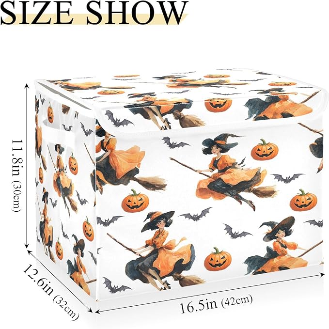 Halloween Baskets Collapsible Storage Bins with Lids, Witch Pumpkin Bat Pattern Storage Boxes Clothes Baskets for Organizing