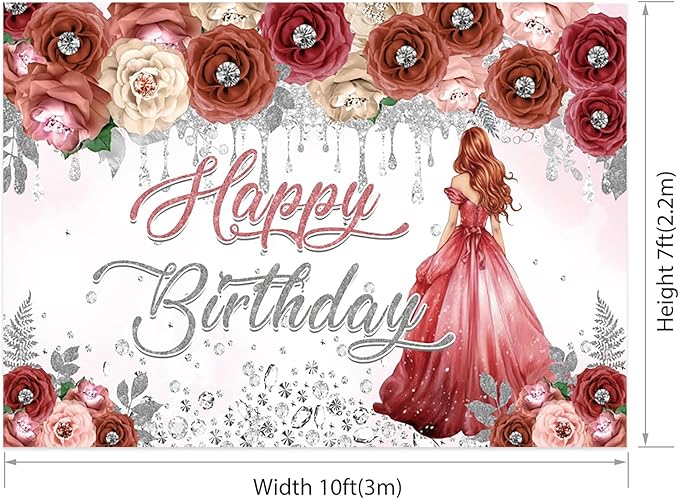 AOFOTO Happy Birthday Backdrop Red Beige Pink Rose Floral Diamond Print Photography Background for Women Girls Birthday Party Banner Home Wall Decor Photo Studio Booth Props 10x7ft