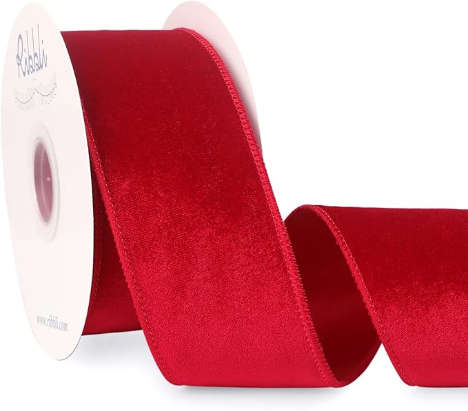 Ribbli Red Velvet Wired Ribbon 2.5 Inch Velvet with Satin Christmas Ribbon for Gift Wrapping Christmas Tree Decoration Crafts Wreaths Supplies-Continuous 10 Yards