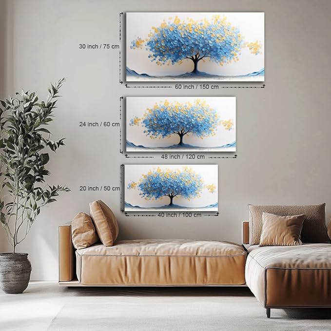 LAVIKARS Modern Tree of Life Wall Art for Living Room Office Navy Blue and Yellow Floral Abstract Landscape Canvas Painting Prints Large Nature Artwork Home Kitchen Bedroom Decor (28x58 Inches)