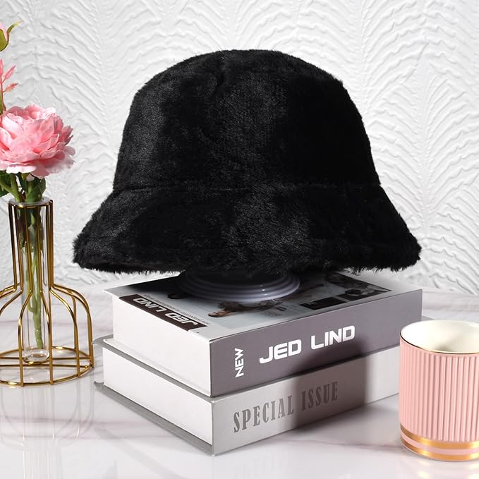 Winter Soft Faux Fur Plush Bucket Hat, Lovely Fisherman Cap, Fashion Outdoor Thick Warm Sun Cap for Women