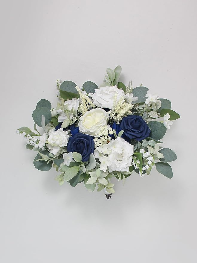 Rinlong 11.8" Wide Navy Blue Wedding Bouquets for Bride Blue White Bridal Bouquet for Wedding Artificial Flowers Bouquets