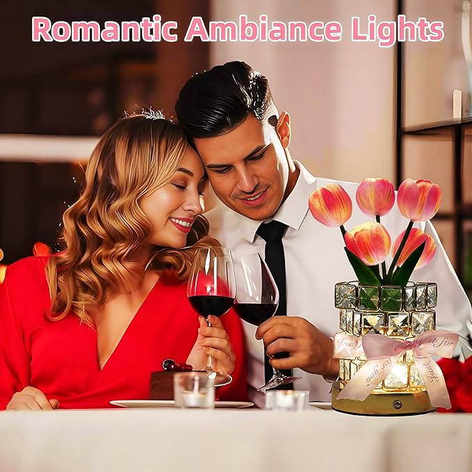 Tulips Flower Lamp,Rechargeable Cordless Touch Table Lamp for Bedroom,3-Colour Dimming Small Night Light,Crystal Bedside Lamps with USB Charge,Birthday Christmas Gifts for Women,Mom (Tulips Flower)