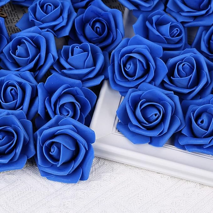 Artificial Rose Flower Heads, 100pcs Royal Blue Fake Roses Artificial Flower Foam Rose for DIY Wedding Bouquets Centerpieces Arrangements Party Baby Shower Home Decor (Stemless, Royal Blue)