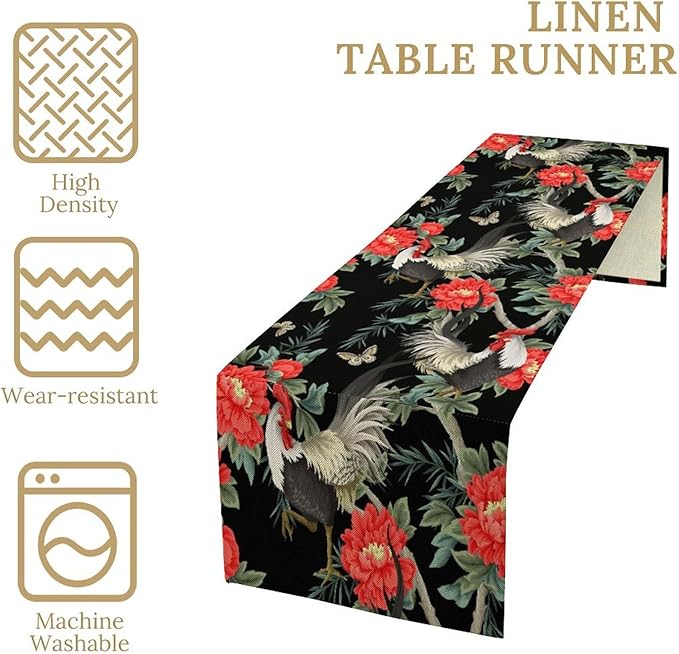 Rooster Floral Table Runner Vintage Farm Chicken Peonies Flower Dinner Runner for Country Farmhouse Home Kitchen Dinner Table Holiday Party Decoration 13x90in