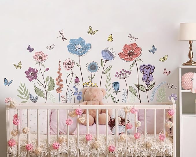 Flower Wall Decals Wildflower Grass Wall Stickers Vintage Floral Butterflies Dragonfly Wall Art Sticker Peel and Stick Bedroom Nursery Wall Decor