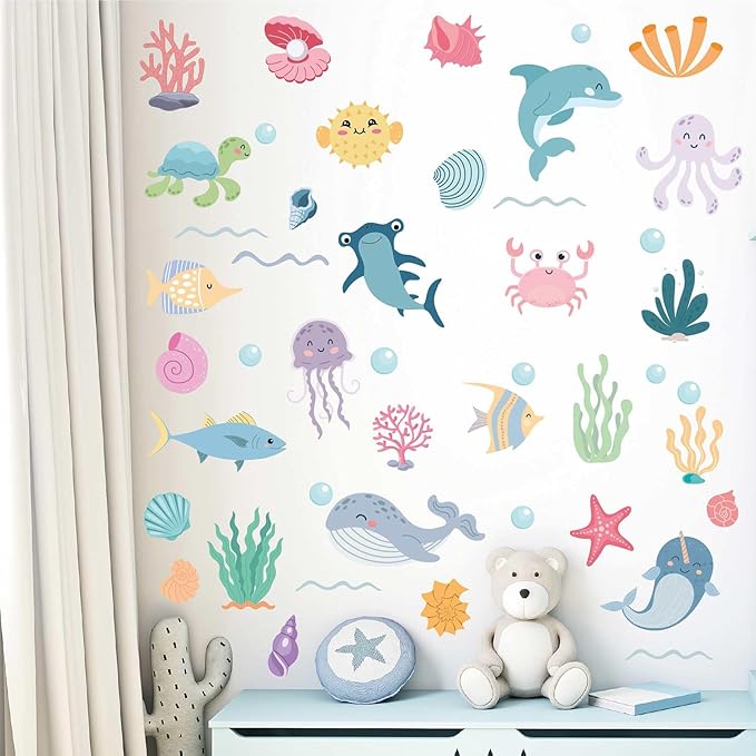58Pcs Ocean Adventure Wall Stickers - Removable Under The Sea Nursery Decor, Peel & Stick Marine Animal Wall Decals for Kids' Bedroom & Playroom