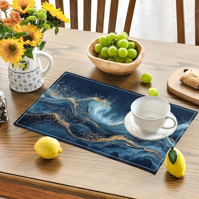 Abstract Blue Wave Placemats Set of 4, Sea Navy Double-Sided Table Mats for Kitchen Home Party Indoor Decor 4 PCS