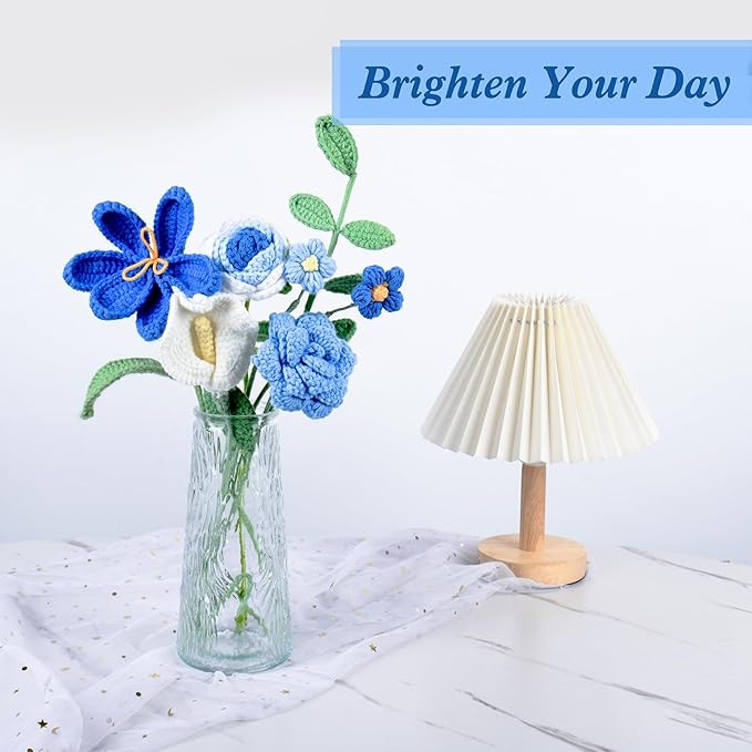 Crochet Flower Bouquet Blue Rose, Handmade Crochet Flowers Knitted Bouquet for Birthday, Wedding, Anniversary, Graduation Gift for Her, Girlfriend, Wife, Womeng (Blue)