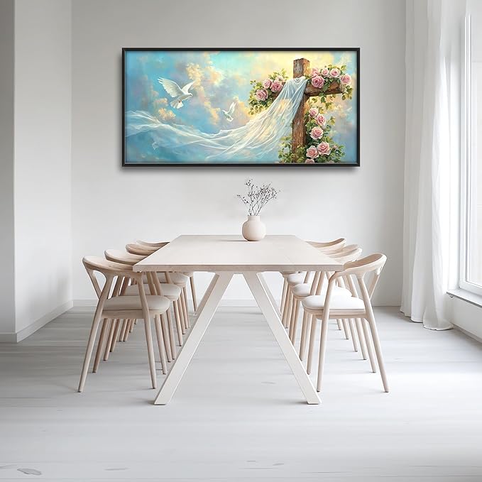 Christian Cross Large Wall Art Religious Faith Hope Pictures Wall Decor Dove Flowers Heaven Canvas Painting Prints Framed Artwork Home Church Decorations for Prayer Bedroom Living Room 60"x30"