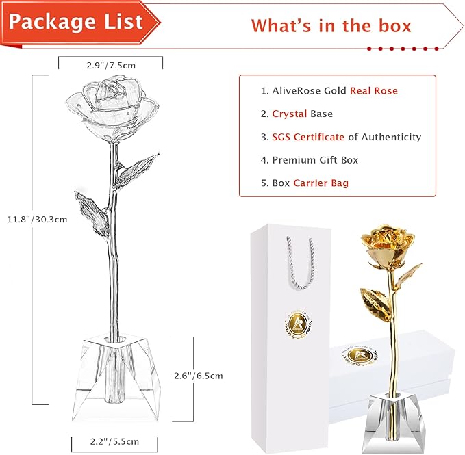 AliveRose Deluxe Golden Rose, Gold Dipped Rose Made from Real Rose Gift for Her on Wedding Anniversary Valentines Mothers Day (Deluxe Golden with Crystal Vase)