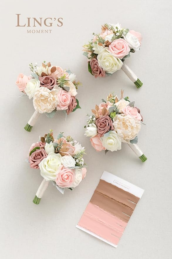 Ling's moment Artificial Flowers Pink Bridesmaid Bouquet Set of 4, Dusty Rose Wedding Flowers Bouquets for Bridesmaids, 7 Inch Bridal Bouquets for Bridesmaids, Wedding, Ceremony, Anniversary, etc