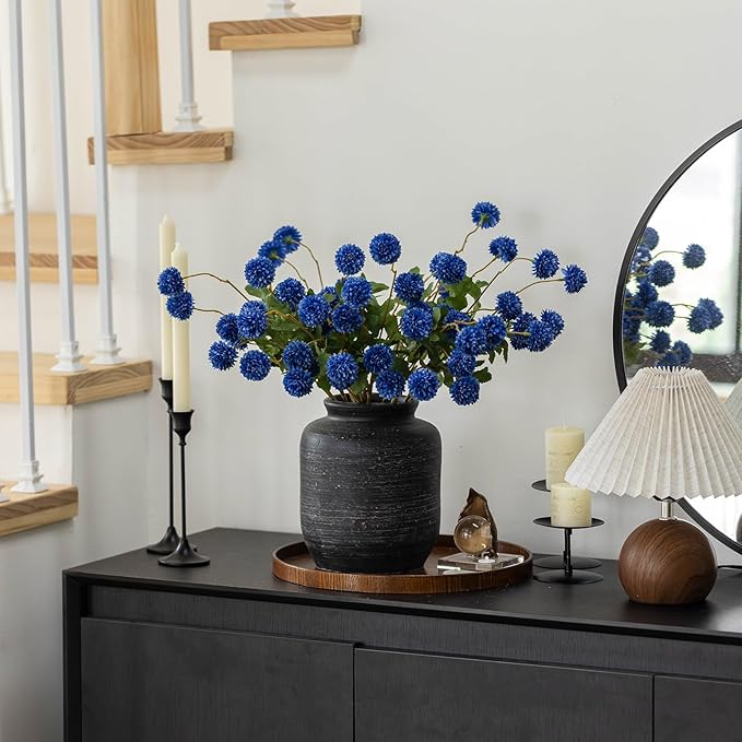 mizii 6Pcs Blue Fake Silk Pompon Mum Artificial Flowers Bulk Small Faux Chrysanthemums with Stems Realistic Floral Decorations for Wedding DIY Bouquet Centerpieces Shower Vase Home Decor (Royal Blue)
