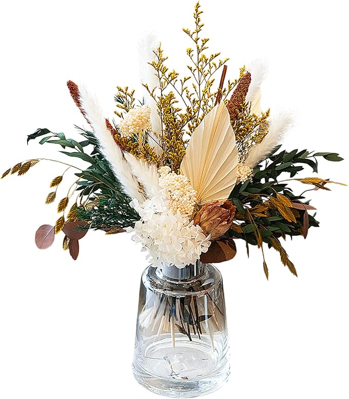 Natural Dried Flower Bouquet - Pampas Grass Decor, Fall Floral Arrangements with Eucalyptus, Plams, Hydrangea, Rustic Bouquet for Vase, Boho Table Centerpiece, Bohemia Home Wedding Decoration