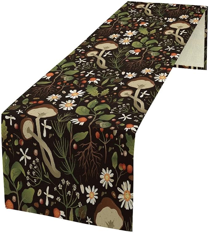 Vintage Mushroom Table Runner Rustic Garden Wildflower Botanical Plants Herbs Spring Summer Seasonal Black Dinner Runner for Kitchen Dining Cabin Home Holiday Party 13x108in